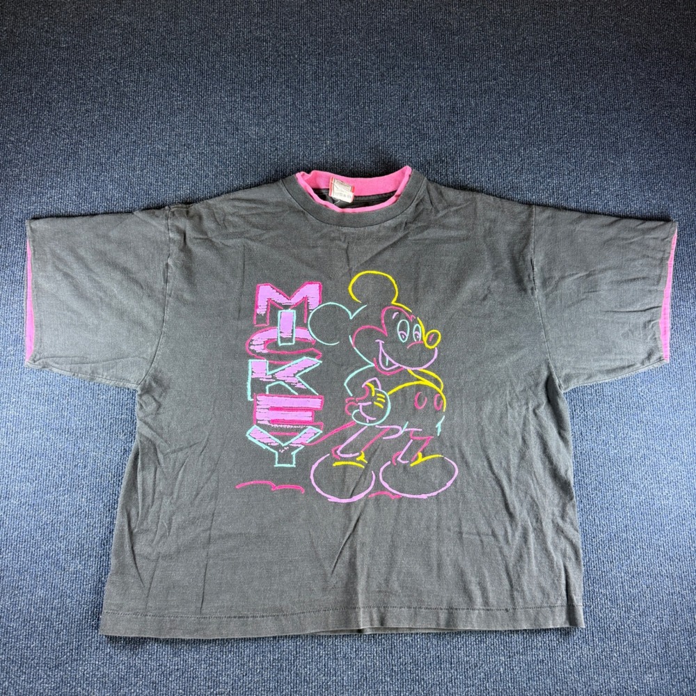 Vintage Disney Designs Mickey Mouse Neon T-Shirt Gray Pink Made in USA OSFA 90s